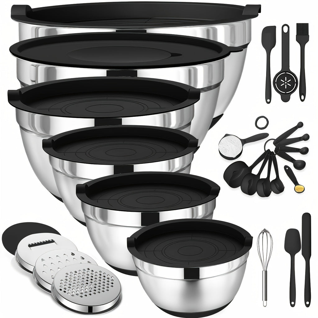Stainless Steel Mixing Bowl Set - 304 Food-Safe Bowls for Cooking Baking and Food Prep - Versatile Kitchen Mixing Bowls for Salad Fruit Noodles and Baking Ingredients