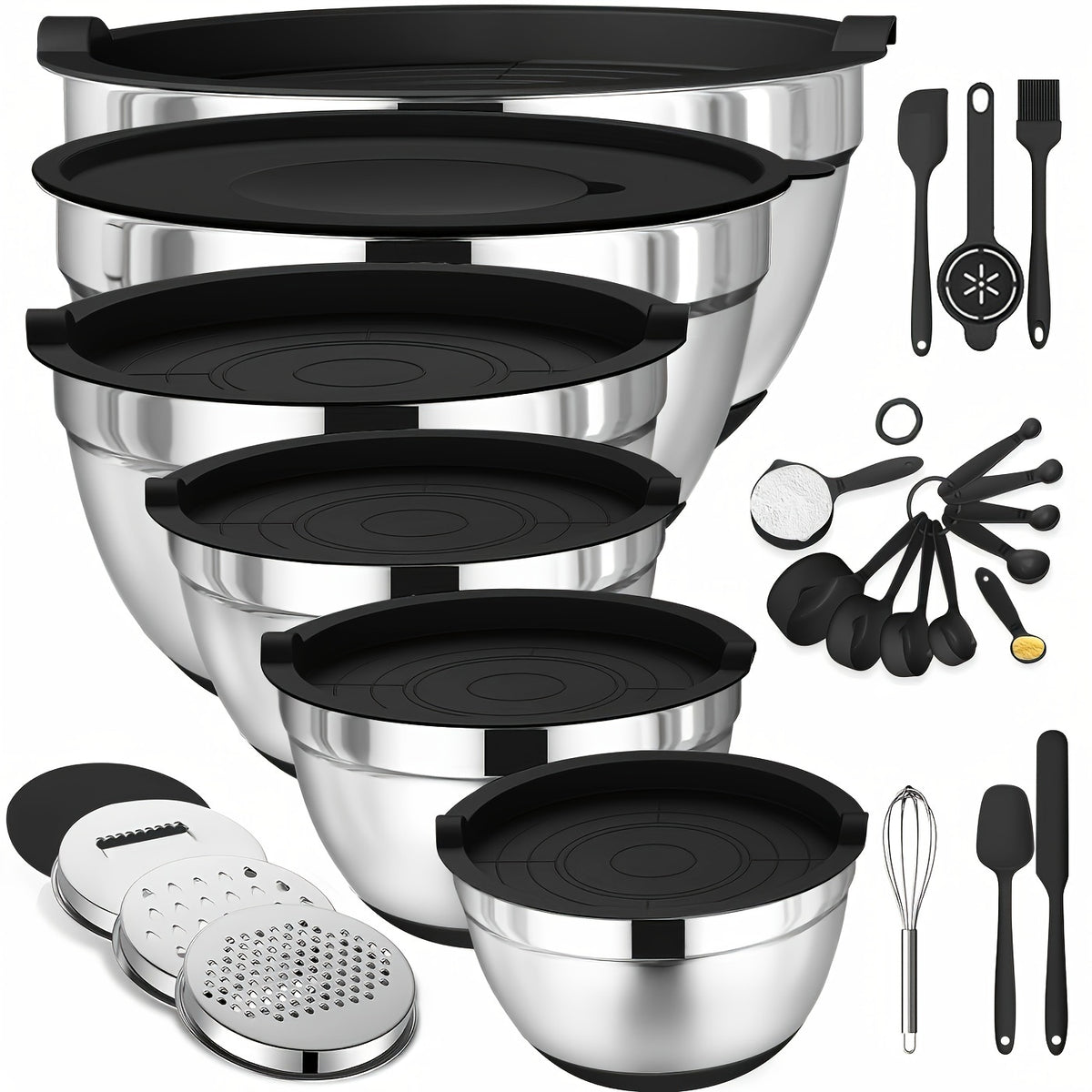 Stainless Steel Mixing Bowl Set - 304 Food-Safe Bowls for Cooking Baking and Food Prep - Versatile Kitchen Mixing Bowls for Salad Fruit Noodles and Baking Ingredients