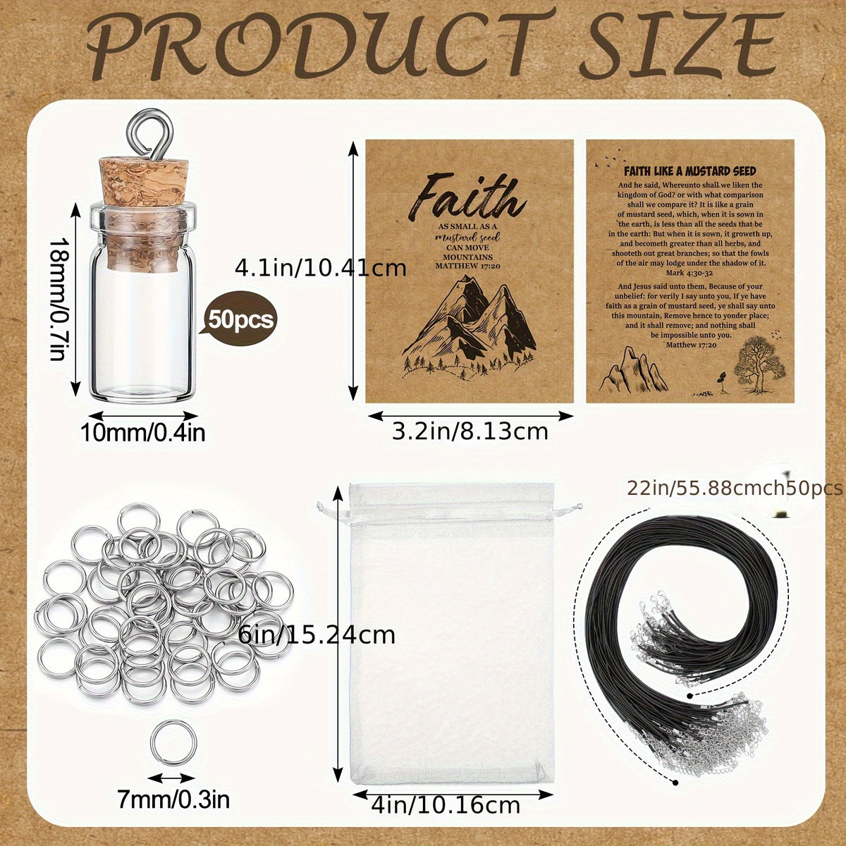 Mustard Seed Faith Necklace Craft Kit 50 Sets – DIY Christian Gift for Women with Mini Glass Jars & Faith Cards, Classical Style, Without Seeds