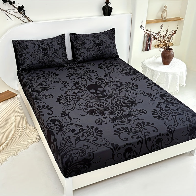 Gothic Skull Fitted Sheet Set 3-Piece – Victorian Baroque Black & Gray Skull Pattern, Deep Pocket 15", Machine Washable Hypoallergenic Bedding, Twin Full Queen King