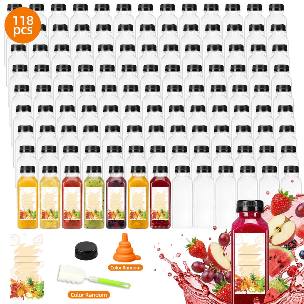 Plastic Juice Bottles with Caps 12oz 16oz Bulk Set 100 118 142 Pcs - Empty Bottles with Labels Funnel & Brush for Juice Smoothie Tea Coffee Party | Nuvia Haven