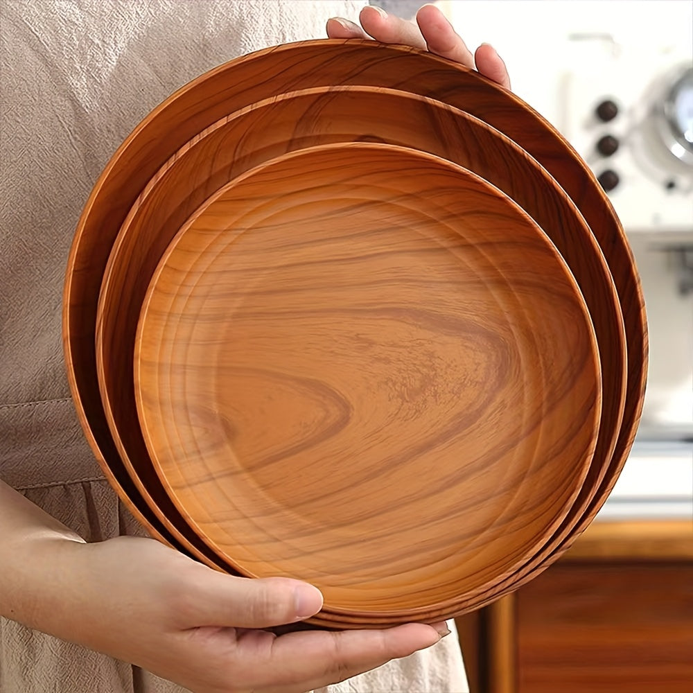 10-Piece Wood Grain Plastic Dinner Plates Round Striped Pattern Luxury Feel for Home Restaurant Dessert Shop Snack Fruit Tea Tray