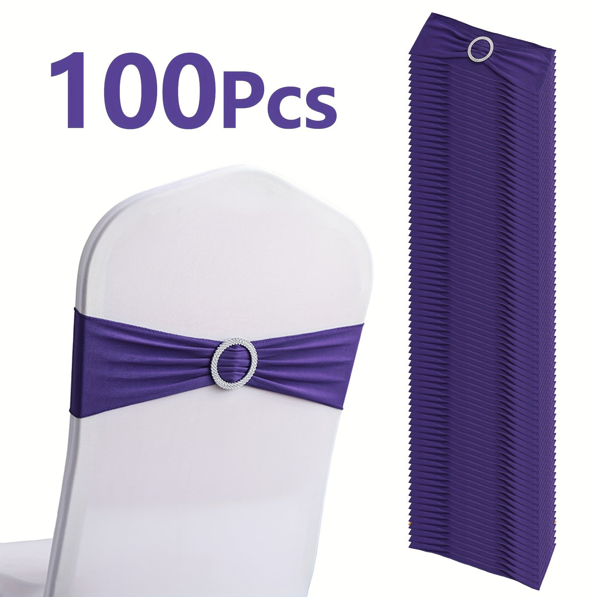 Chair Sashes 100-Pack – Milk Fiber & Spandex Stretch Sash Bands with Buckle, Snap-Back Elasticity, Wedding Party Banquet Decor, 8 Colors