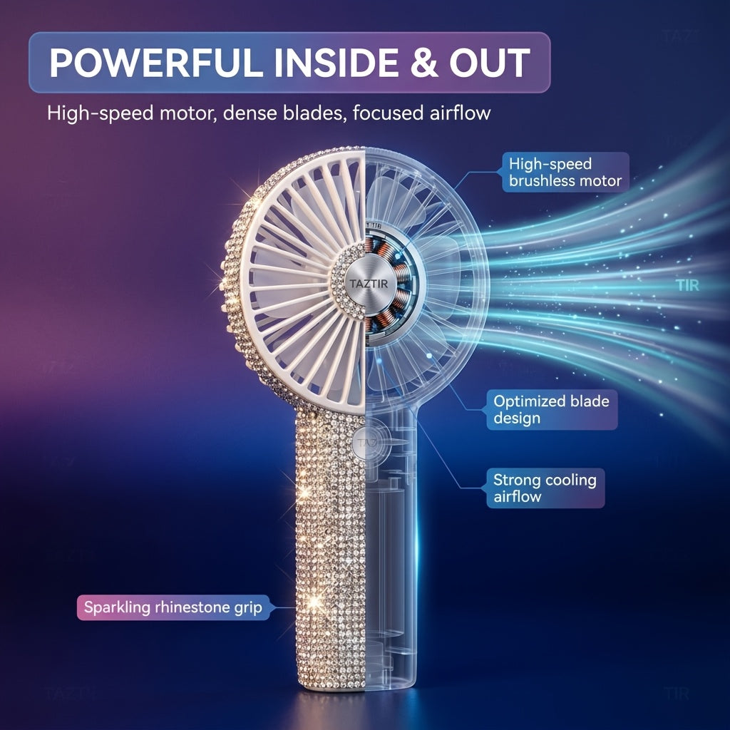 Rhinestone Handheld Fan Crystal Diamond Bling Mini Personal Fan USB Rechargeable 3-Speed for Women Girls Wedding Travel Outdoor Office