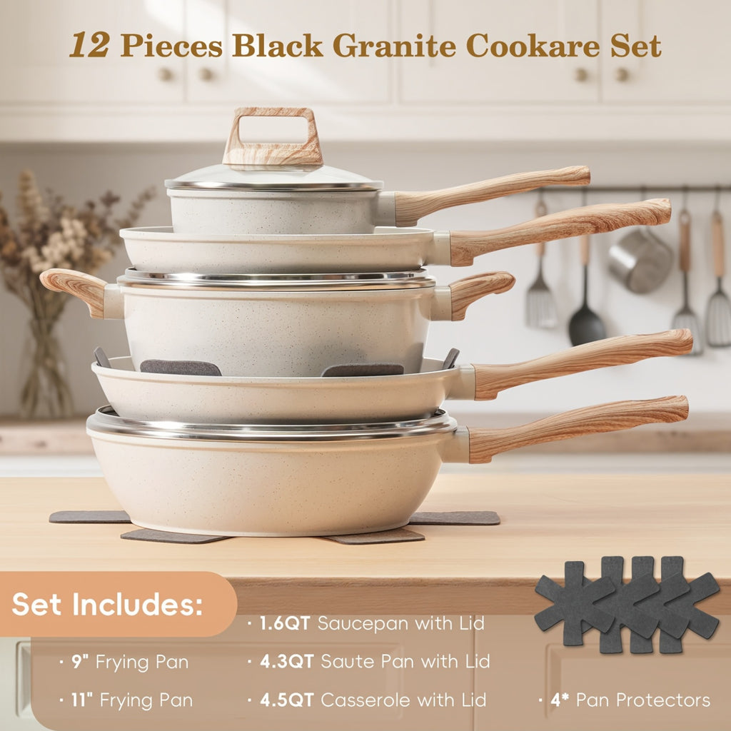 Granite Non Stick Pots and Pans Set 12 Piece Complete Cookware Kit with Frying Pans Casserole Saucepan & Lids – Induction Compatible Space-Saving for Camping RV Travel