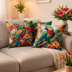 Tropical Parrot Floral Throw Pillow Covers 4 Pack 18x18 Inch Vibrant Botanical Print Zipper Soft Polyester Machine Washable for Bedroom Living Room Office