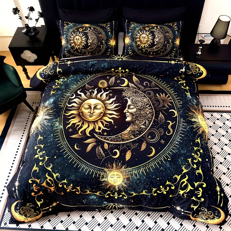 Celestial Sun Moon Duvet Cover Set 3 Piece - Soft Breathable Galaxy Planet Print Bedding Twin Full Queen King Dorm Bedroom No Insert