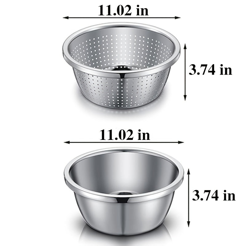 Stainless Steel Colander & Mixing Bowl Set – 304 Food-Grade Stackable Strainer Bowl for Washing Vegetables, Fruit & Rice, Dishwasher Safe Kitchen Colander, 7.09" or 11.02" Bowl + Sieve