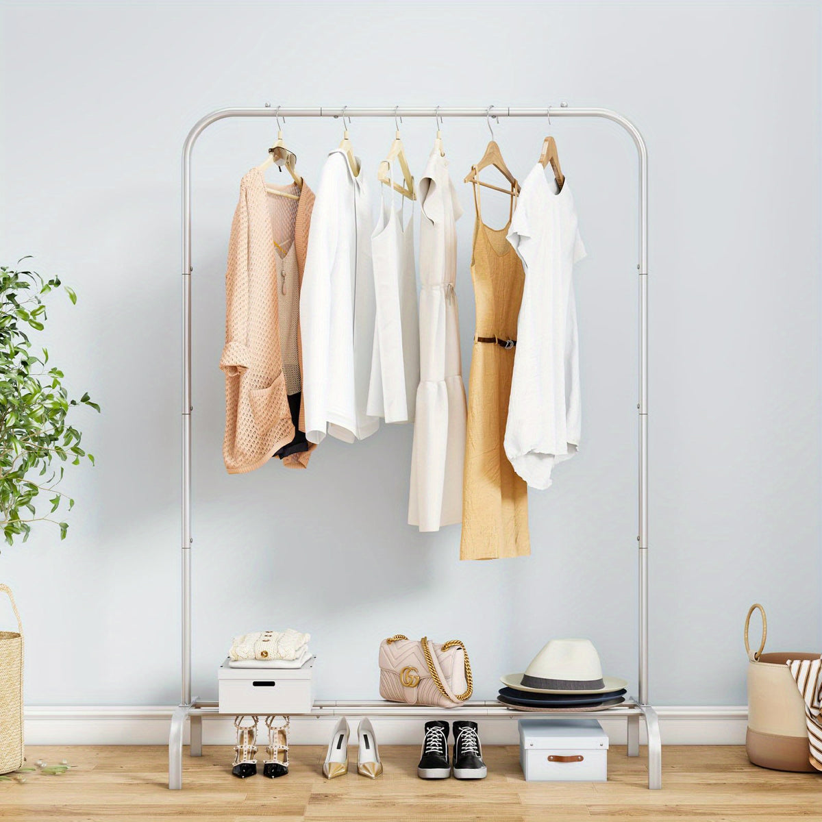 Heavy Duty Portable Clothes Rack with Bottom Metal Shelf – Large Capacity Coat & Shirt Organizer, Easy Assembly, 39.5" x 61.3", Black White Grey Gold