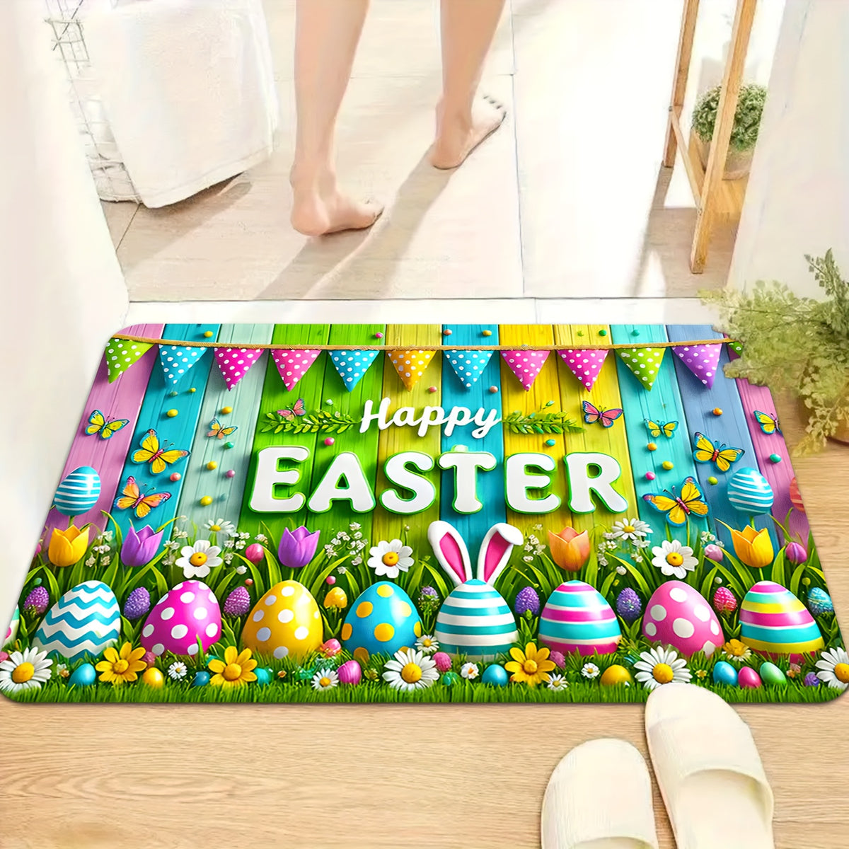 Easter Doormat Flannel Happy Easter Egg Spring Welcome Mat Non-Slip Soft Indoor Outdoor Kitchen Entryway 5 Sizes Including Runner Set