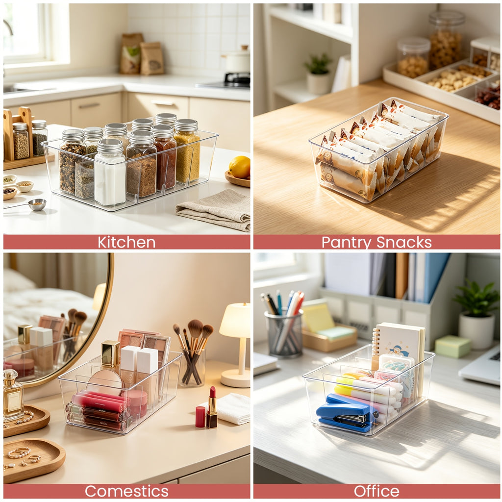 8-Pack Clear Plastic Food Storage Organizer Bins with 4 Compartments – Removable Dividers for Pantry, Kitchen, Fridge & Cabinet Organization of Snacks, Spice Packets & Pouches