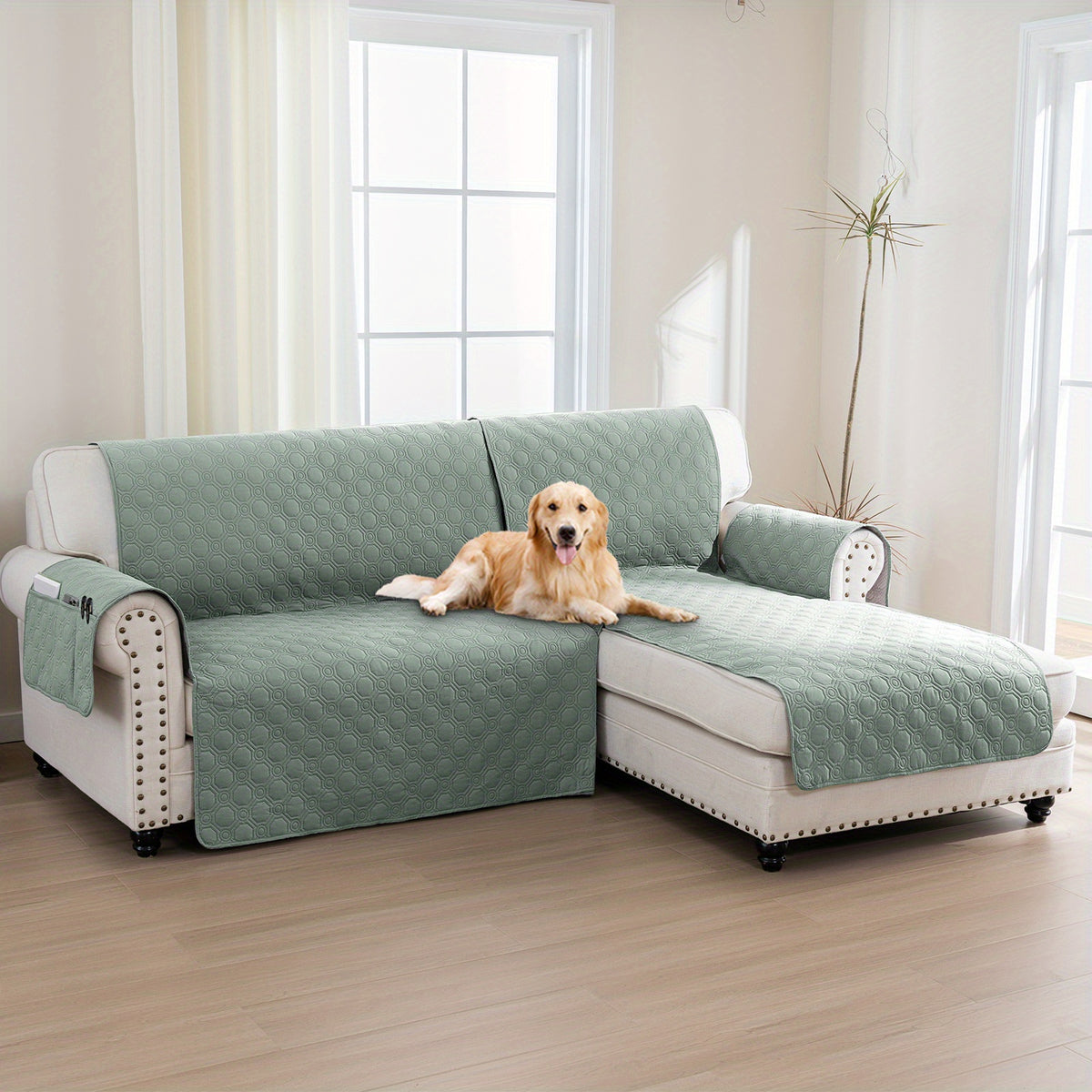 L-Shaped Sectional Sofa Cover 100% Liquid-Resistant Couch Slipcover with Non-Slip Straps for Dogs Cats Pets Left Right Chaise