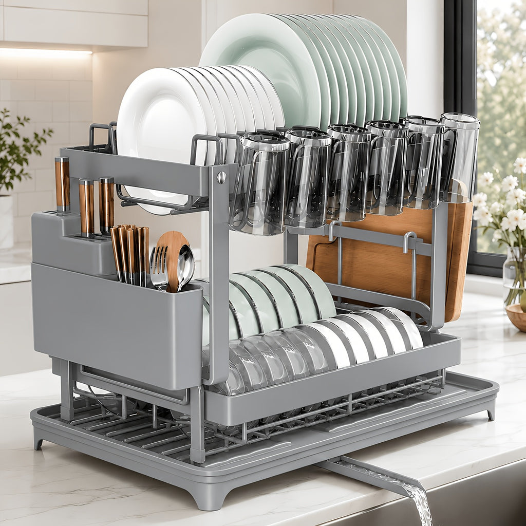 2-Tier Dish Drying Rack with Drainboard – Black Metal Two-Level Dish Drainer with Drainage for Kitchen Counter, Standing Dish Holder Organizer Shelf for Plates, Cups & Utensils