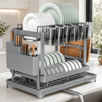 2-Tier Dish Drying Rack with Drainboard – Black Metal Two-Level Dish Drainer with Drainage for Kitchen Counter, Standing Dish Holder Organizer Shelf for Plates, Cups & Utensils