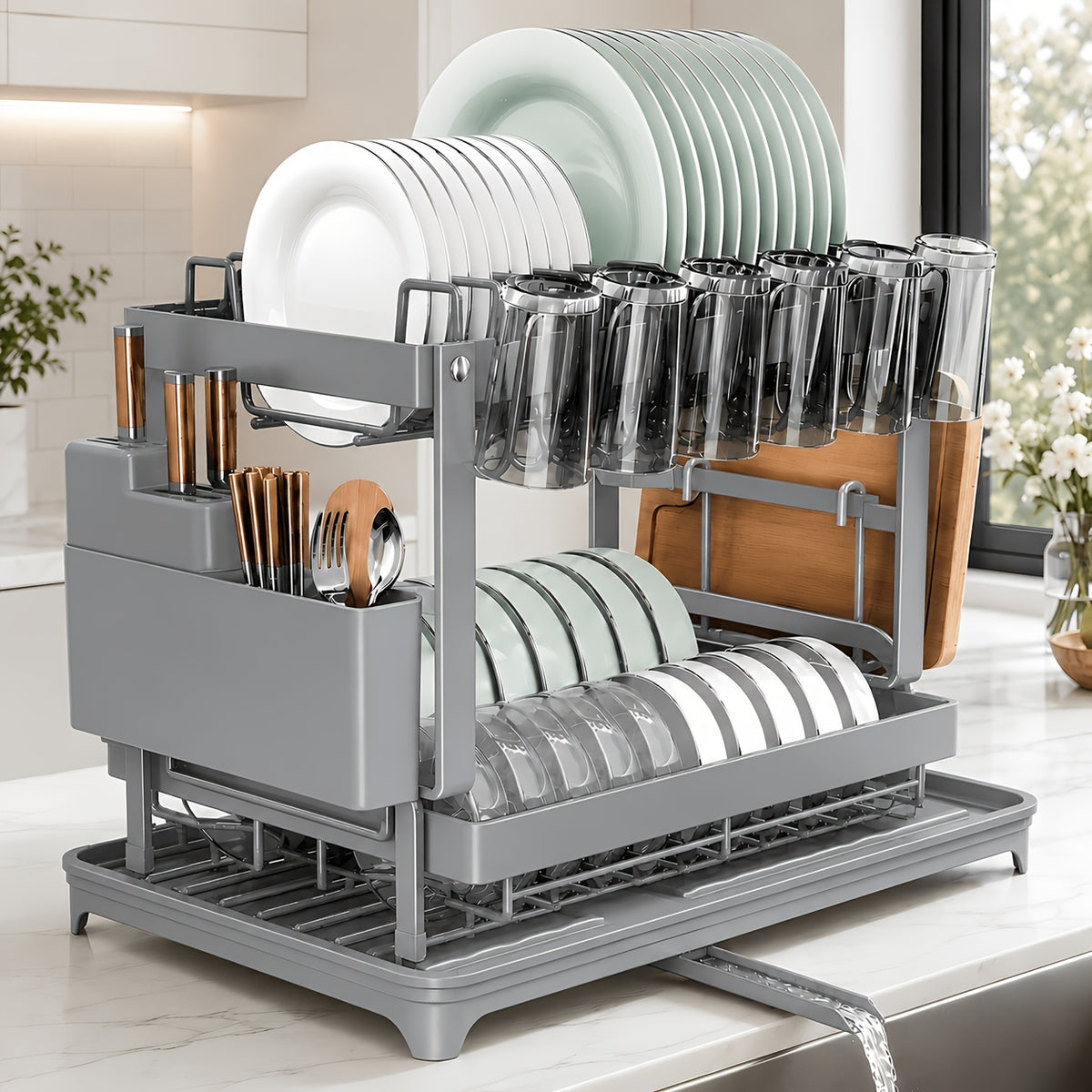 2-Tier Dish Drying Rack with Drainboard – Black Metal Two-Level Dish Drainer with Drainage for Kitchen Counter, Standing Dish Holder Organizer Shelf for Plates, Cups & Utensils