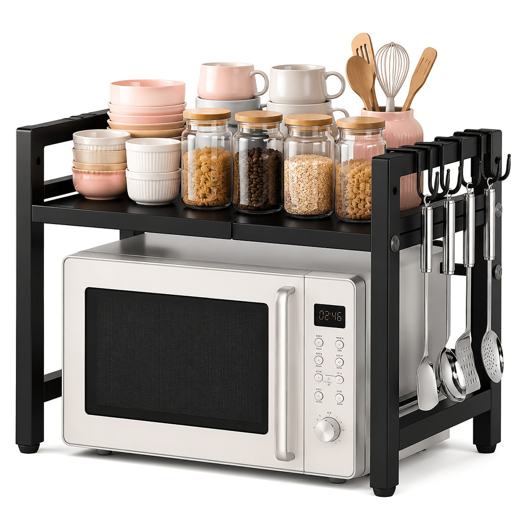 Microwave Oven Rack Expandable Countertop Shelf – Heavy Duty Carbon Steel Stand with 6 Hooks, Adjustable Height & Width, Dust Cover Included