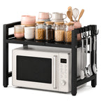 Microwave Oven Rack Expandable Countertop Shelf – Heavy Duty Carbon Steel Stand with 6 Hooks, Adjustable Height & Width, Dust Cover Included