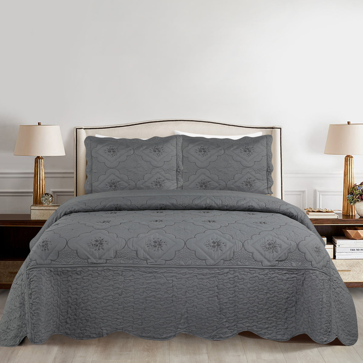 Quilted Embroidered Bedspread Set 3 Pcs – Floral Embroidery, 100% Polyester, Wrinkle-Resistant Lightweight Coverlet for Queen & King Bedroom Decor, 16 Colors