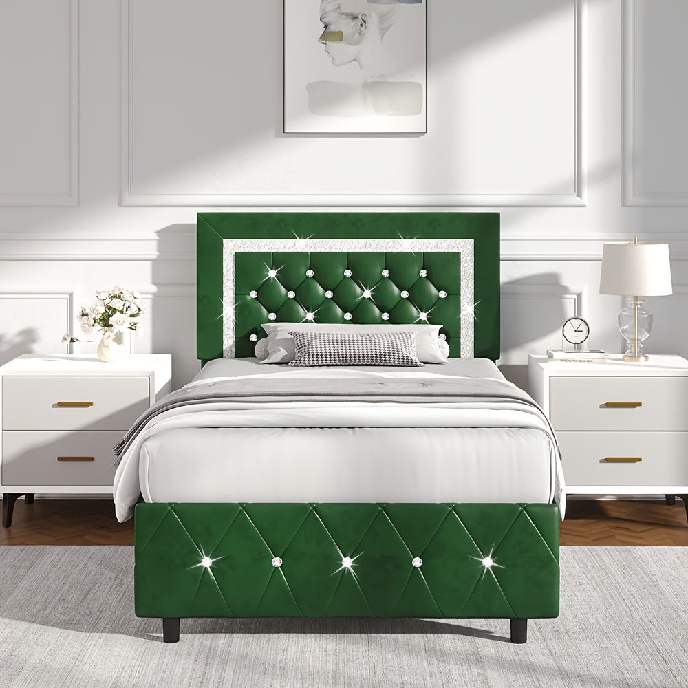 Upholstered Bed Frame with Diamond Tufted Headboard & Footboard – Faux Leather, Wooden Slats, No Box Spring Needed | Twin Full Queen King