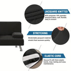 Sofa Cover 4-Piece Stretch Futon Slipcover Set with Removable Armrest & Cupholder Covers – Spandex Jacquard Furniture Protector, Black & Navy