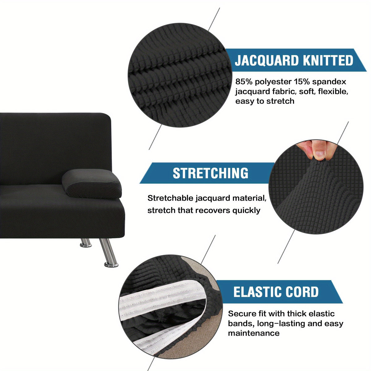 Sofa Cover 4-Piece Stretch Futon Slipcover Set with Removable Armrest & Cupholder Covers – Spandex Jacquard Furniture Protector, Black & Navy