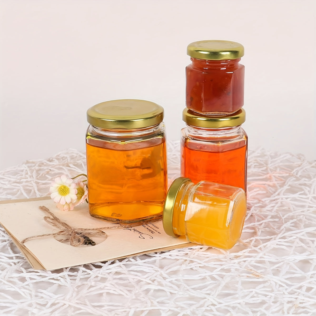 Mini Hexagon Honey Jar Favor Set – 1.5oz Glass Jars with Golden Lid, Bee Charm, Honey Dipper & Gift Tags | 20-60 Pcs | Wedding, Baby Shower & Party Favors