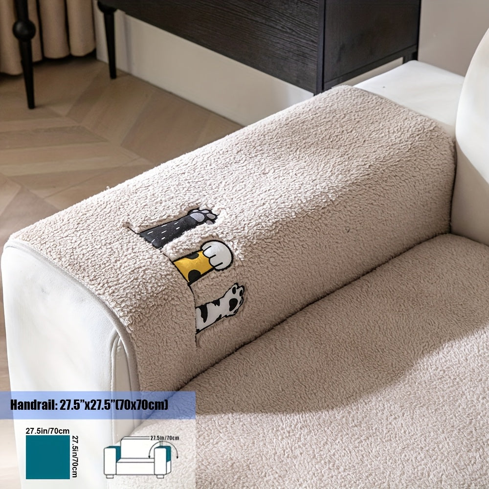 Sherpa Sofa Cover with Cat Paw Embroidery – Thick Plush Non-Slip Couch Slipcover, Pet-Friendly & Machine Washable Furniture Protector