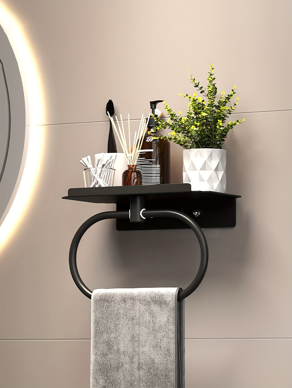 Oval Metal Towel Ring Wall Mounted – No-Drill Bathroom Organizer, Modern Matte Black Finish, Durable & Elegant Home Decor