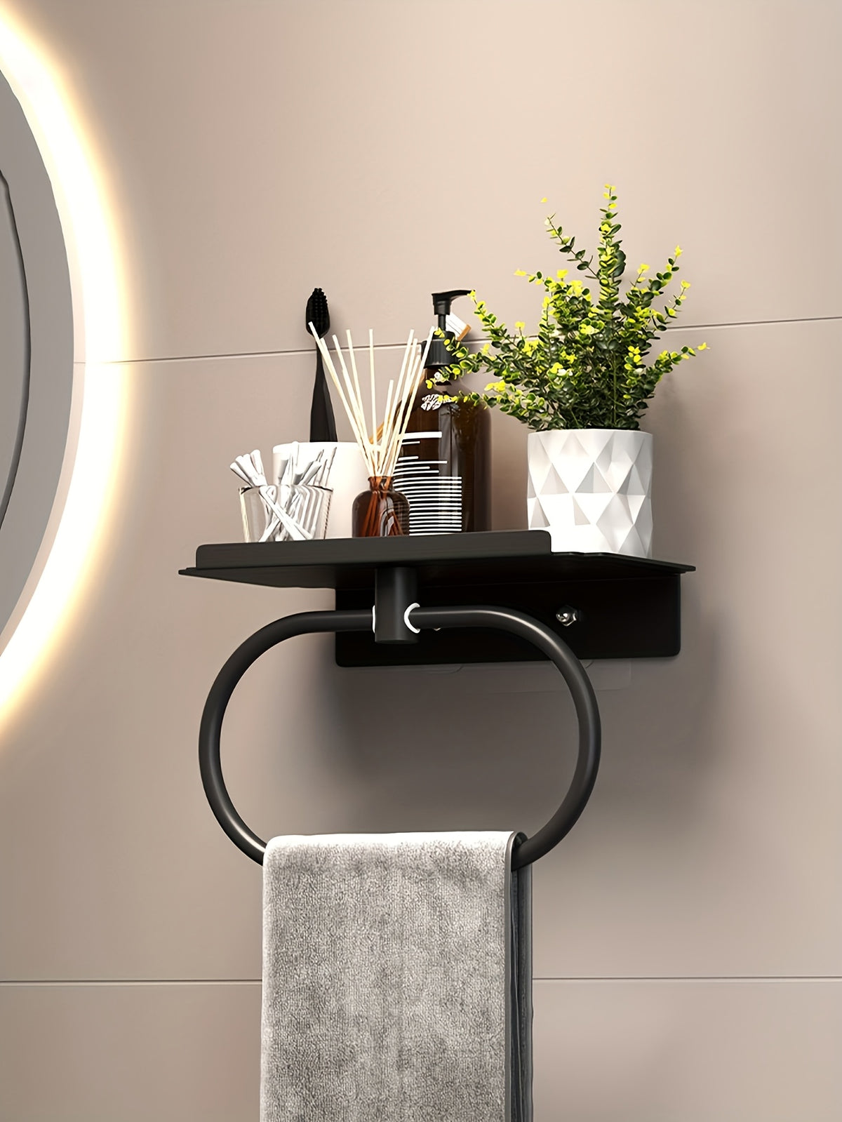 Oval Metal Towel Ring Wall Mounted – No-Drill Bathroom Organizer, Modern Matte Black Finish, Durable & Elegant Home Decor