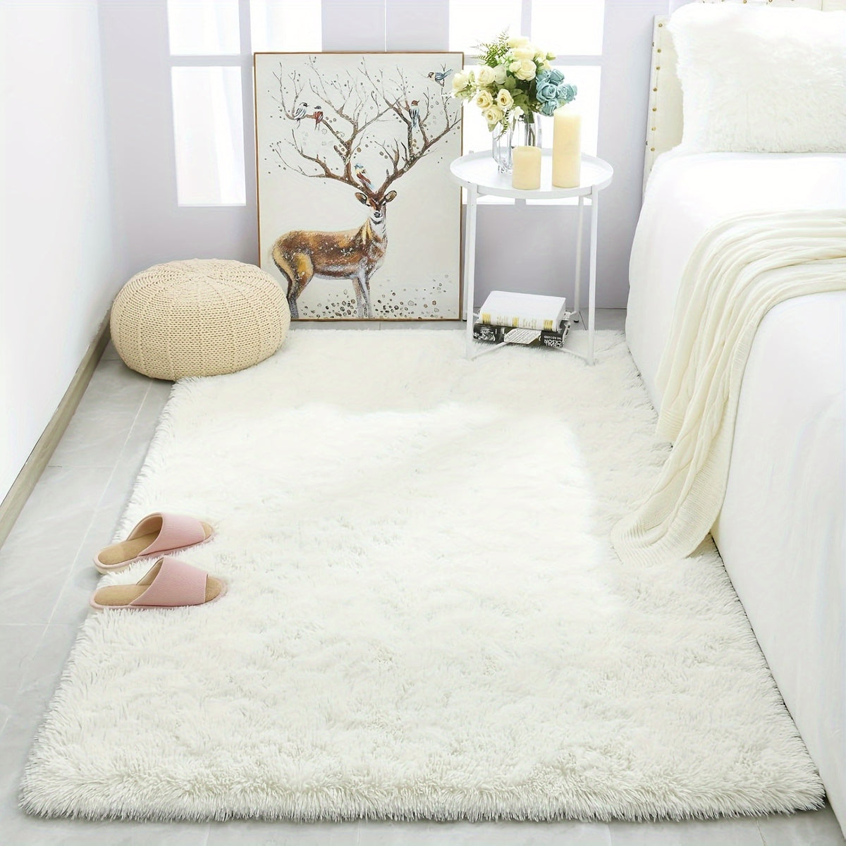 Fluffy Shag Area Rug for Living Room & Bedroom – Soft Non-Slip Plush White Carpet, Cozy Modern Indoor Shaggy Floor Mat, 4x6 5x7 6x9 8x10 ft Large Home Decor Rug