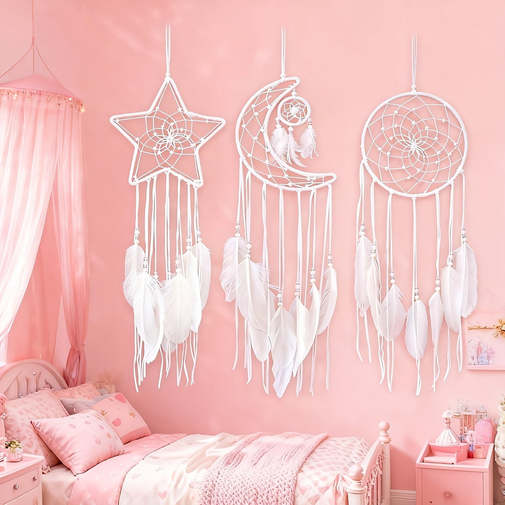 Dream Catcher Wall Decor Set of 3 – Star Moon Sun Boho Room Decor for Teen Girls & Kids Bedroom
