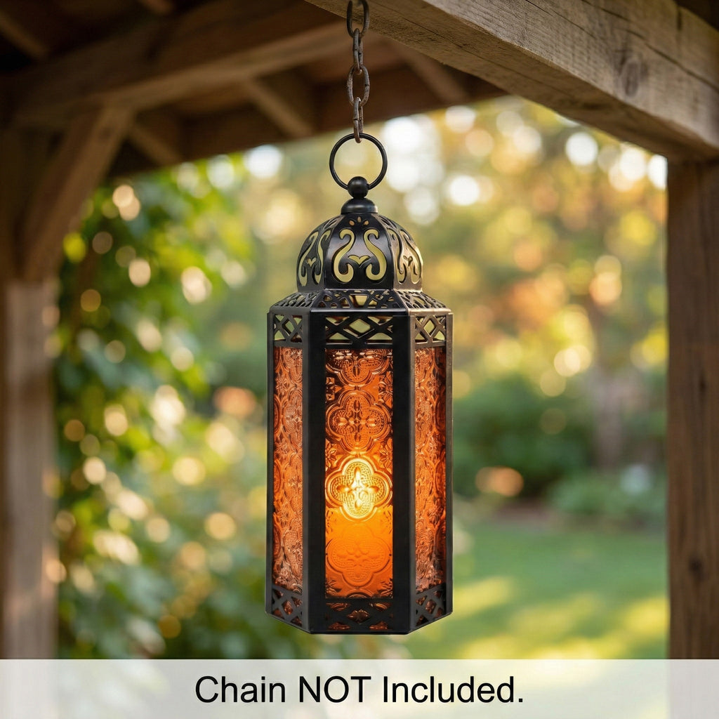 Moroccan Candle Lantern Holder Medium 10.5 Inch – Handcrafted Glass Iron Metal Lantern with Embossed Floral Panels, 17 Colors, Indoor Outdoor Use for Ramadan, Wedding, Patio, Diwali & Home Decor