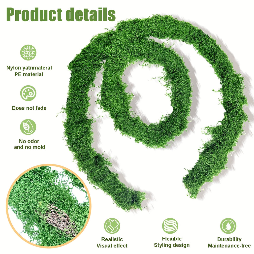 Artificial Moss Vine Decorative Greenery – 5ft 10ft 16ft Fake Vines for Wall Decoration, Wedding Backdrop, Fence, Garden, Christmas & Party Decor