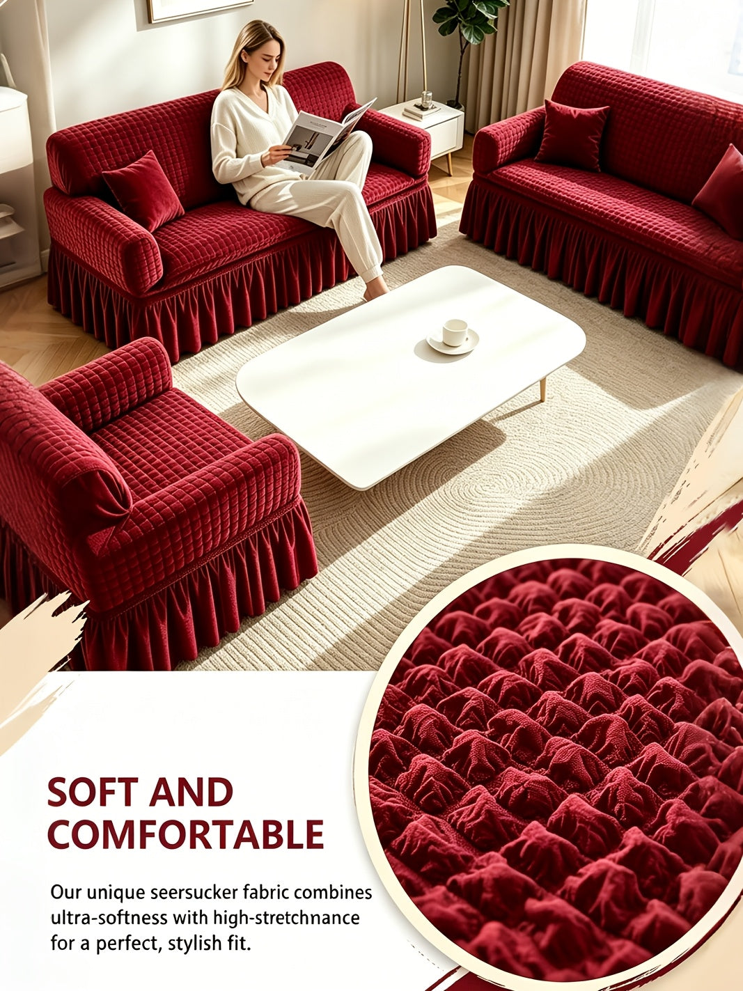 Seersucker Sofa Cover All-In-One Stretch Slipcover – Elastic Band Polyester Spandex Machine Washable Couch Protector for Armchair Loveseat 1 2 3 4 Seater Solid Color