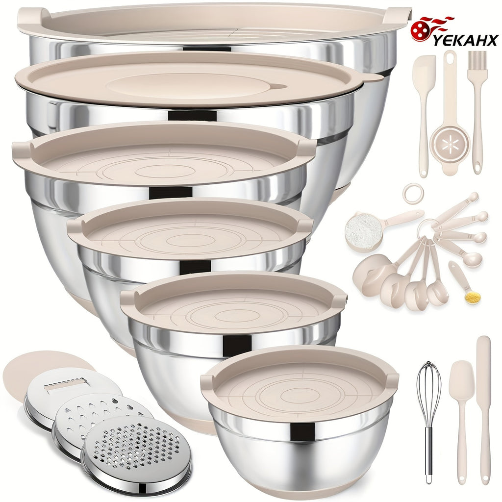 26-Piece Stainless Steel Mixing Bowl Set with Lids & Kitchen Tools – 6 Bowls (1.1–4.5 QT), Anti-Slip Silicone Base, Ideal for Baking, Salad & Meal Prep
