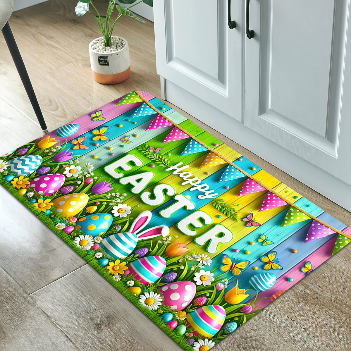 Easter Doormat Flannel Happy Easter Egg Spring Welcome Mat Non-Slip Soft Indoor Outdoor Kitchen Entryway 5 Sizes Including Runner Set