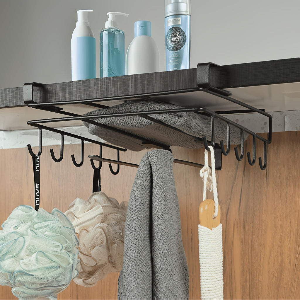 Under Cabinet Cutting Board Rack No-Drill – Carbon Steel Chopping Board Holder with Double-Row Hooks for Kitchen Utensils, Paper Towels & Spatulas | Multi-Use Under-Cabinet Storage Organizer