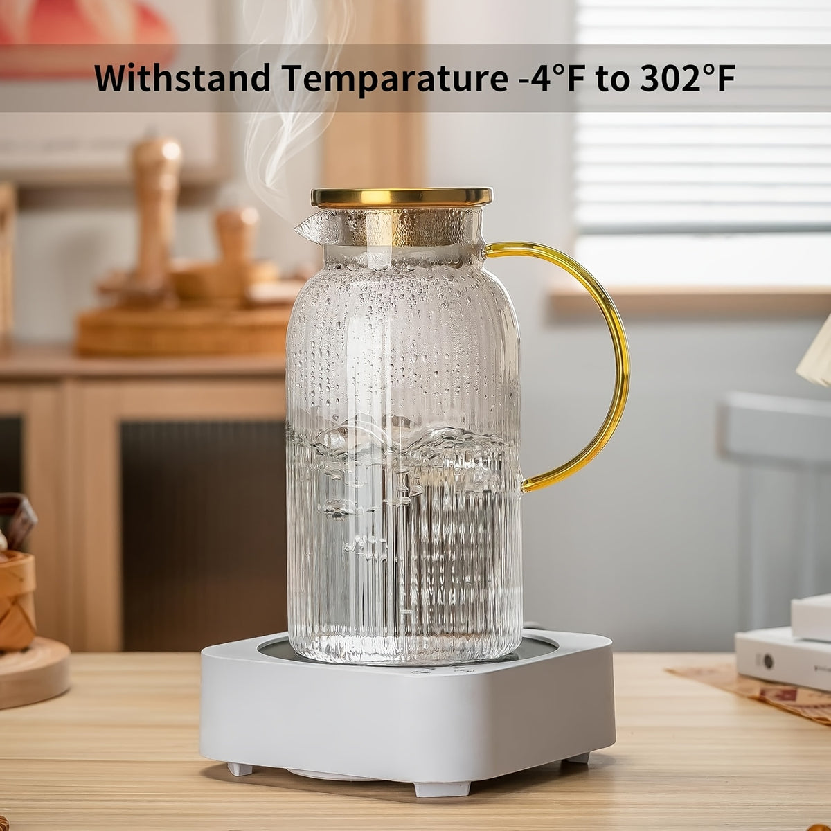 Glass Water Bottle Set of 2 68oz 2 Liter with Lid Vertical Stripe Heat Resistant Glass Water Jug for Cold Brew Coffee Lemonade Iced Tea Milk Beverages