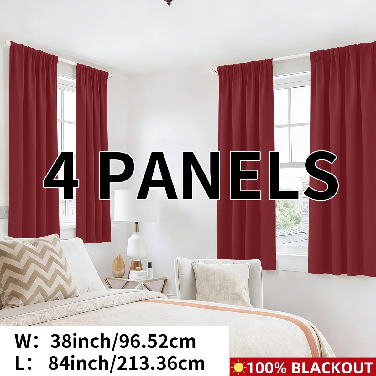 Blackout Curtains Rod Pocket 4-Panel Solid Color Lightweight Matte Drapes | 100% Light Blocking Window Curtains for Bedroom Living Room, 9 Colors 5 Sizes