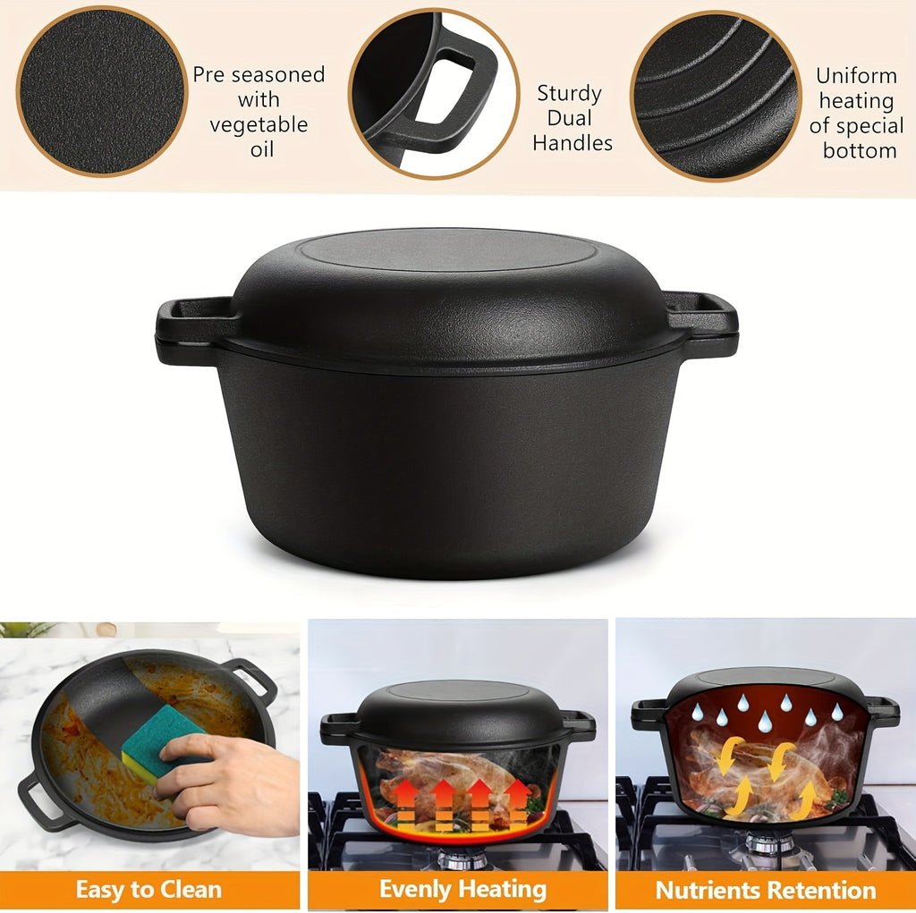 Cast Iron Dutch Oven Set 2-in-1 5.1QT Dutch Oven and 1.9QT Skillet Lid with Accessories Induction Oven Campfire Safe Holiday Cooking Kit for Soups Stews Baking Frying Camping BBQ