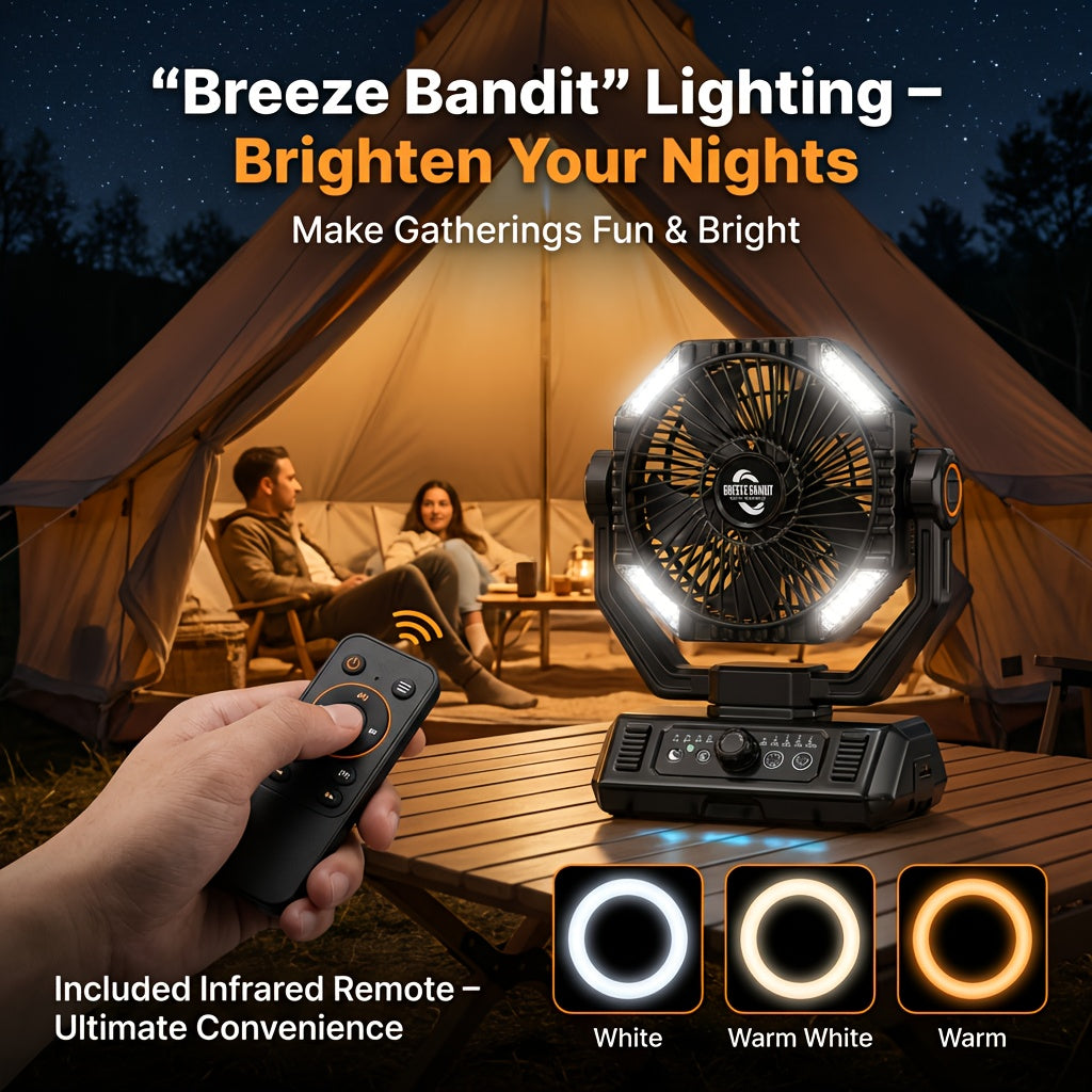 20000mAh Camping Fan with 4 LED Lanterns – Portable Battery Powered Outdoor Fan with USB & Hook | Tent, Power Outage, Construction Site & Camping Gear