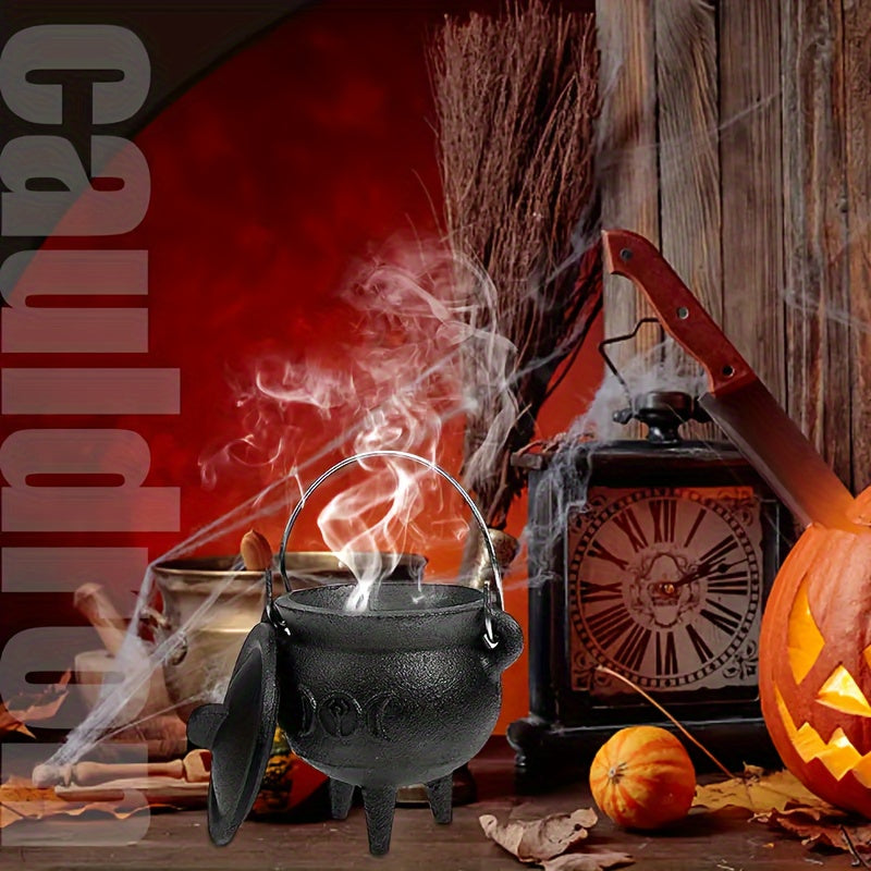 Cast Iron Cauldron with Lid & Carry Handle – Pentagram & Triple Moon Witchcraft Cauldron for Incense Burning, Candles, Spells, Halloween Decoration & Ritual Supplies