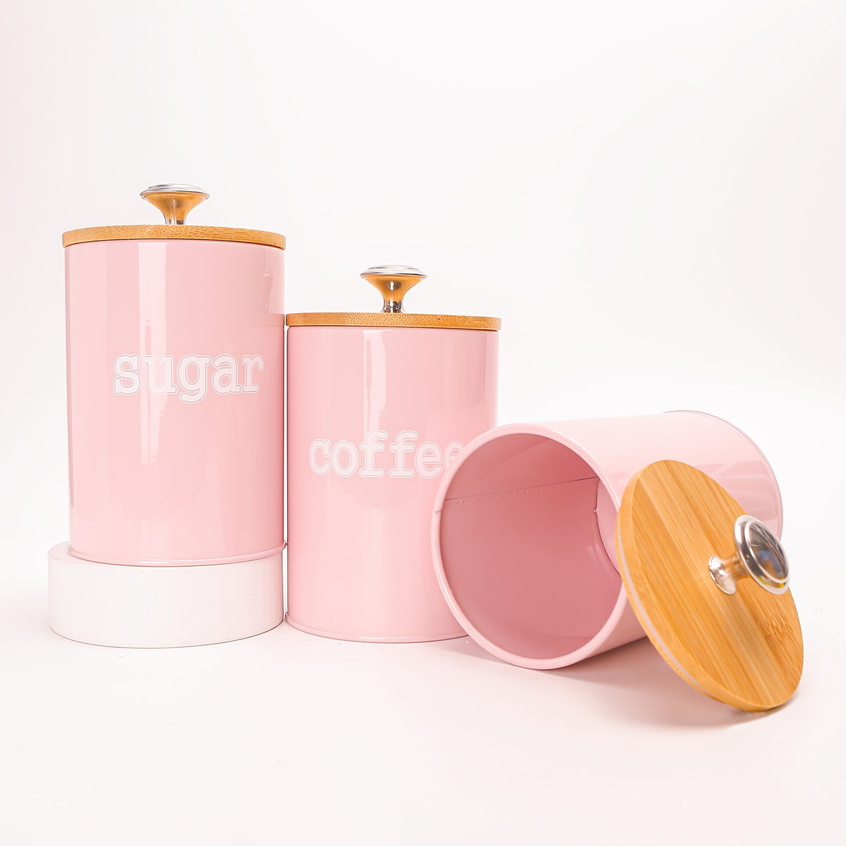 Airtight Storage Canister Set of 3 with Bamboo Lid & Metal Base - Stackable Kitchen Pantry Jars for Tea, Coffee, Spices, Nuts, Grains & Dry Goods, Pink Canister Set