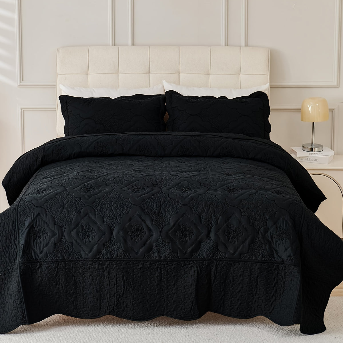 Quilted Embroidered Bedspread Set 3 Pcs – Floral Embroidery, 100% Polyester, Wrinkle-Resistant Lightweight Coverlet for Queen & King Bedroom Decor, 16 Colors