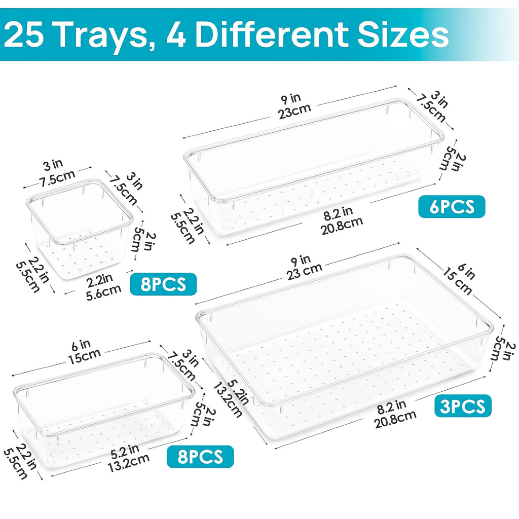 25-Piece Clear Storage Trays Drawer Organizer Set 4 Sizes for Desk Dresser Kitchen Cosmetics Flatware Under Bed Organization