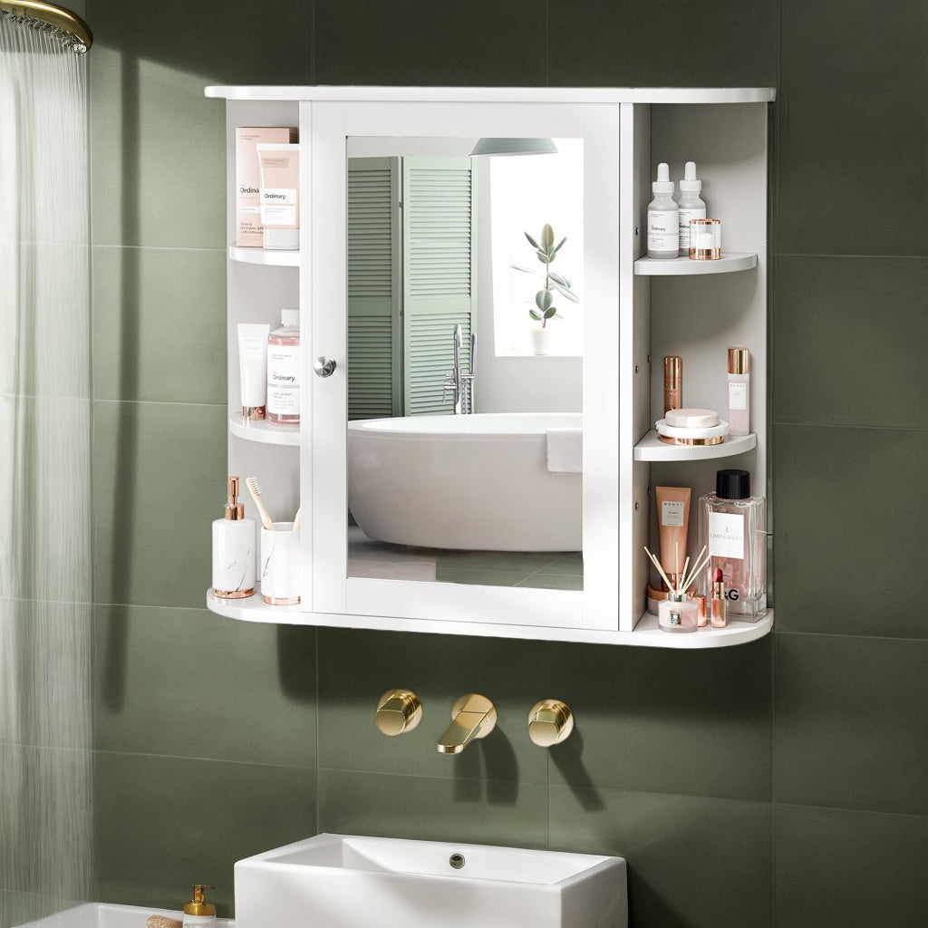 Wall Mounted Bathroom Medicine Cabinet with Mirror and 6 Open Side Shelves - White Wall Cabinet with Mirror for Bathroom Storage, Modern Medicine Cabinet Over Toilet or Vanity