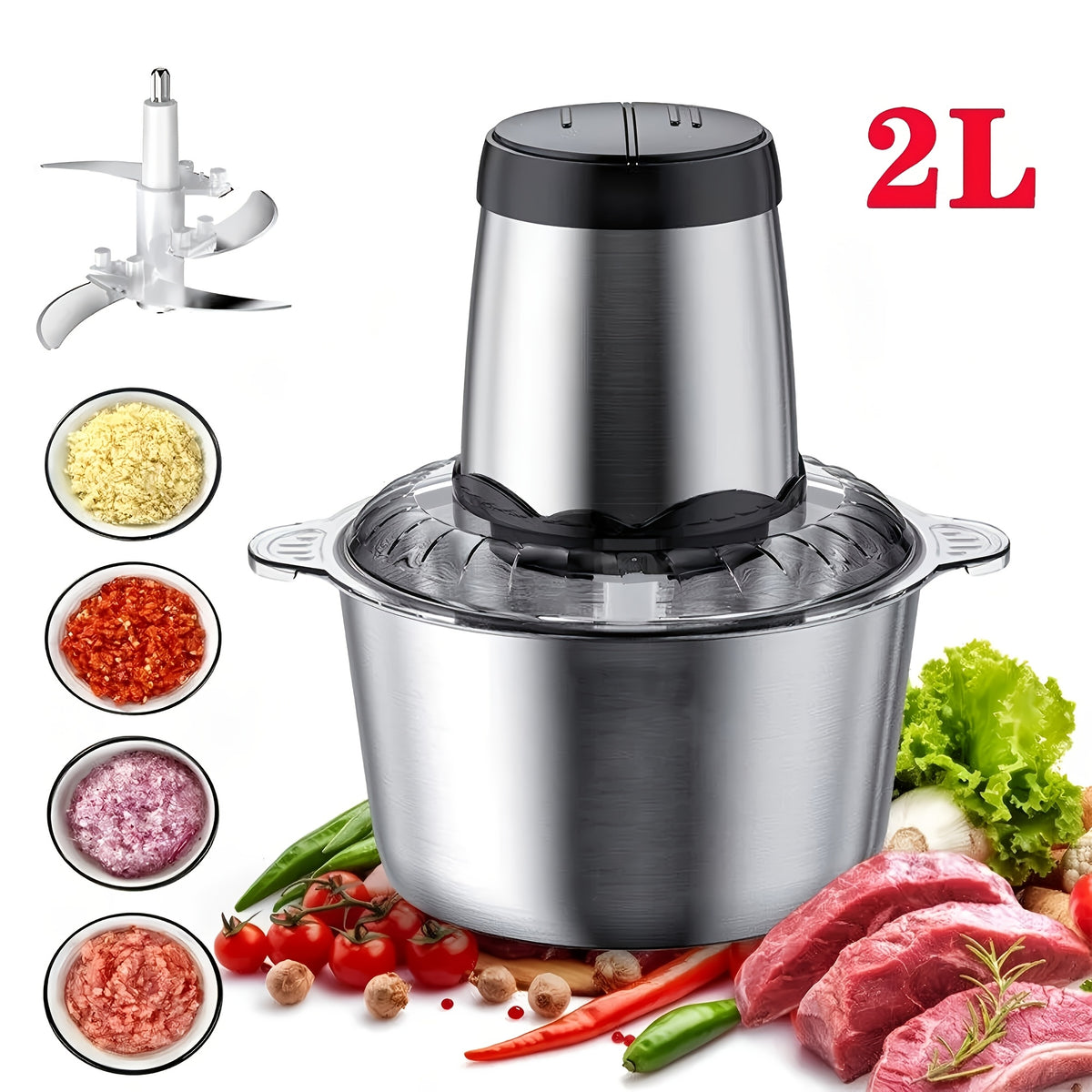 300W Electric Food Chopper & Meat Grinder, 2L, 4 Bi-Level Stainless Steel Blades, 2 Speed Modes, Low Noise — Chops Meat, Vegetables, Fruits, Nuts & Herbs, Easy Clean
