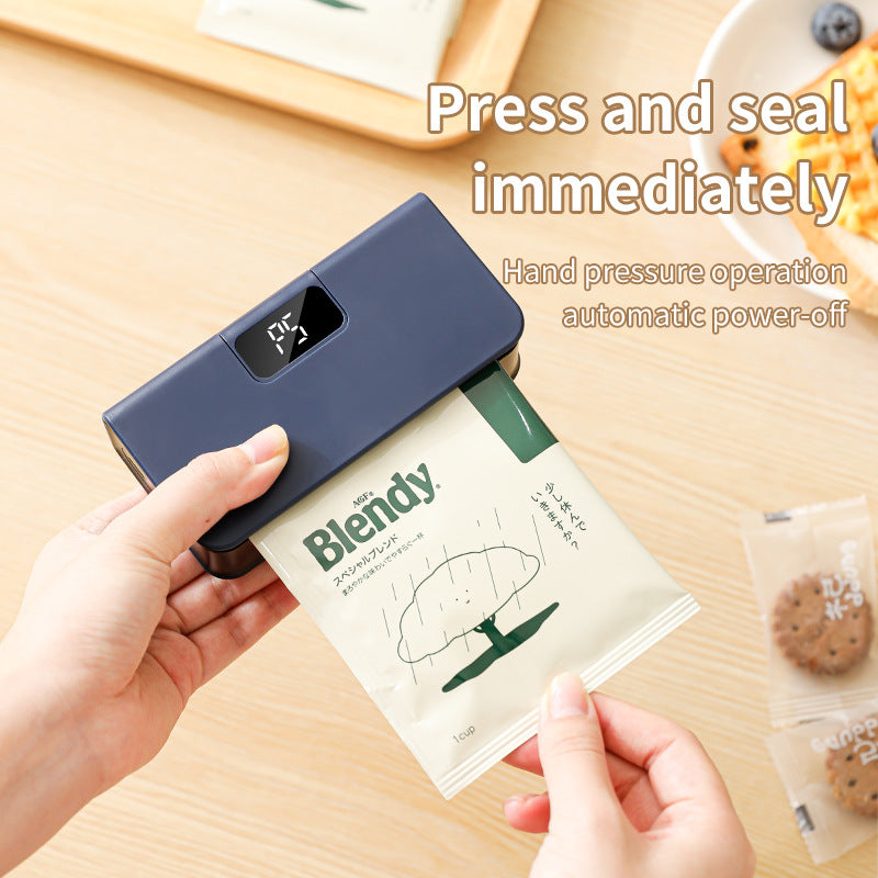Mini Bag Sealer USB Rechargeable with Built-In Cutter, 6-Level Heat Portable Food Sealer for Chips, Snacks, Fruits & Veggies — Compact Kitchen & Picnic Gadget, White & Blue