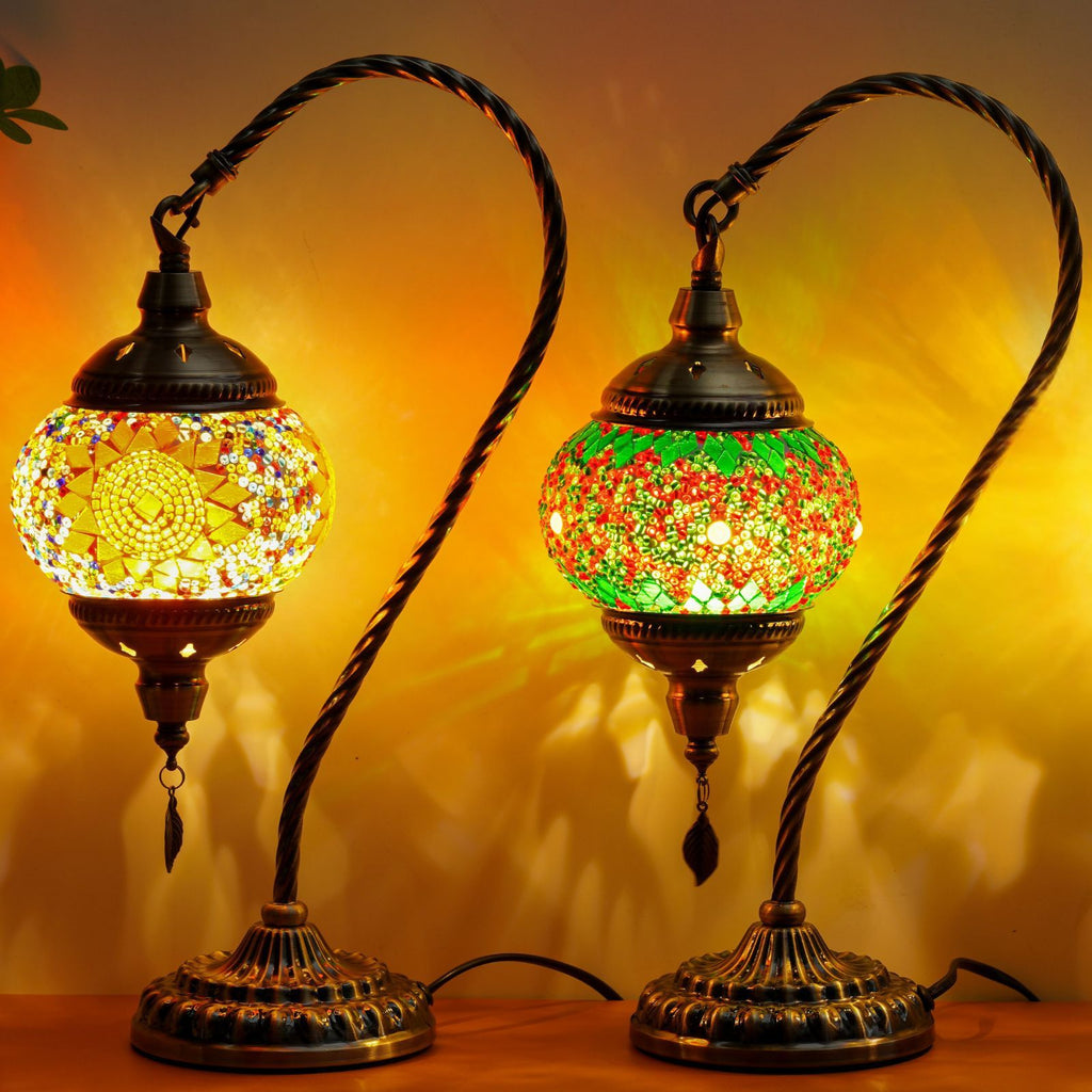 Turkish Mosaic Table Lamp Moroccan Style Handmade Swan Neck Mosaic Glass Bedside Lamp with Metal Base - 3 Color Modes Dimmable LED Bulb Included - Bedroom Living Room Decor Gift