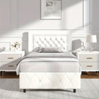 Upholstered Bed Frame with Diamond Tufted Headboard & Footboard – Faux Leather, Wooden Slats, No Box Spring Needed | Twin Full Queen King